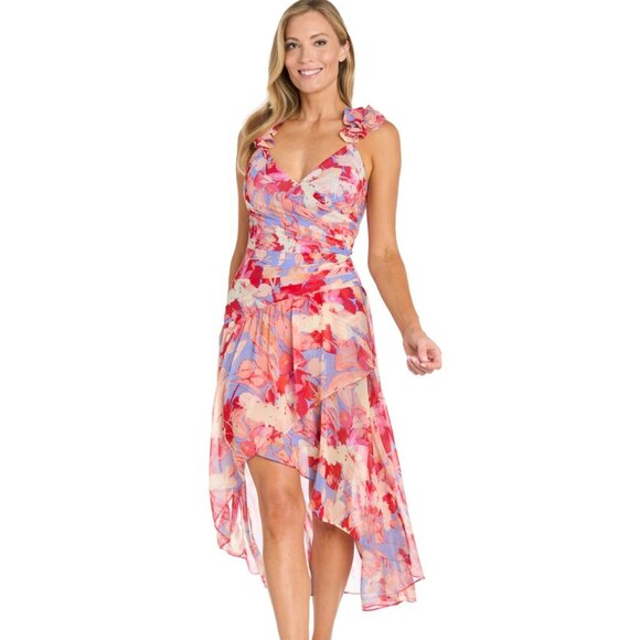 R & M Richards Printed Chiffon Midi Dress | Pink Floral NWT 14P - Picture 1 of 4
